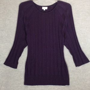 JOSEPH A Rich Purple Cable/Rib Knit Long Line Sweater w/Festive Metallic Threads